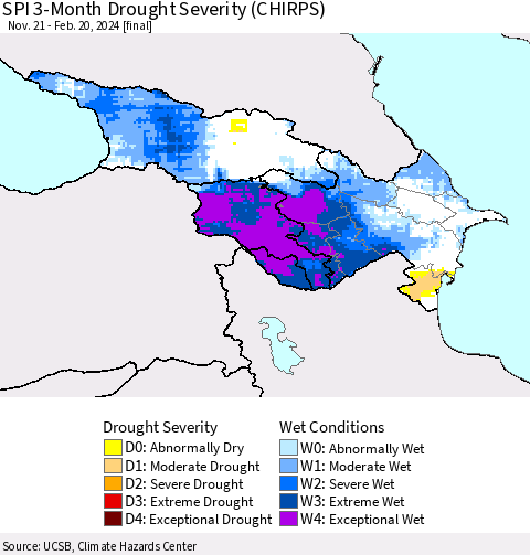 Azerbaijan, Armenia and Georgia SPI 3-Month Drought Severity (CHIRPS) Thematic Map For 11/21/2023 - 2/20/2024
