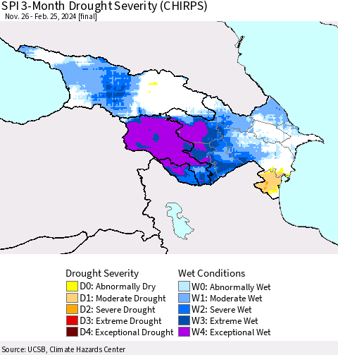 Azerbaijan, Armenia and Georgia SPI 3-Month Drought Severity (CHIRPS) Thematic Map For 11/26/2023 - 2/25/2024