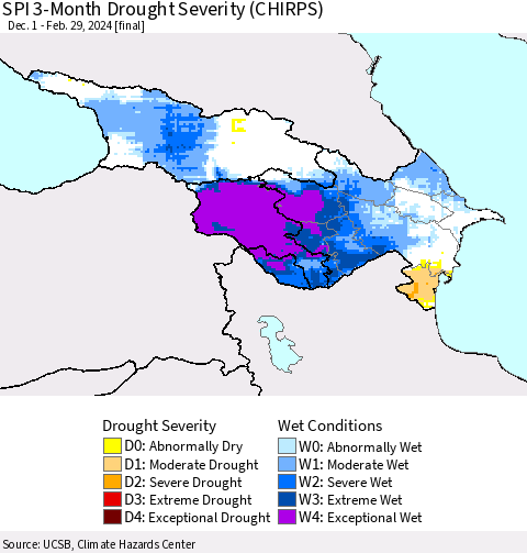 Azerbaijan, Armenia and Georgia SPI 3-Month Drought Severity (CHIRPS) Thematic Map For 12/1/2023 - 2/29/2024