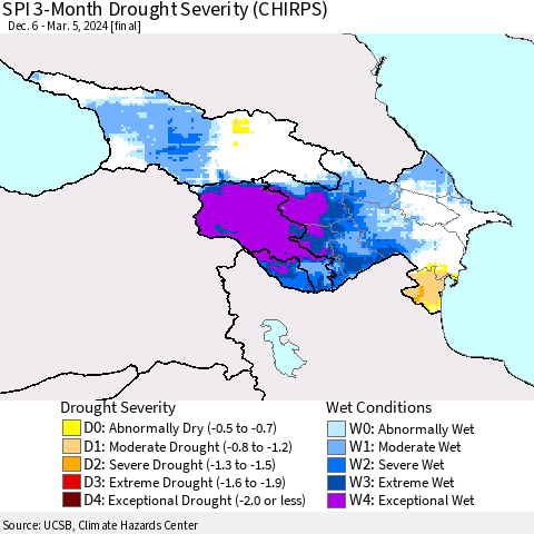 Azerbaijan, Armenia and Georgia SPI 3-Month Drought Severity (CHIRPS) Thematic Map For 12/6/2023 - 3/5/2024