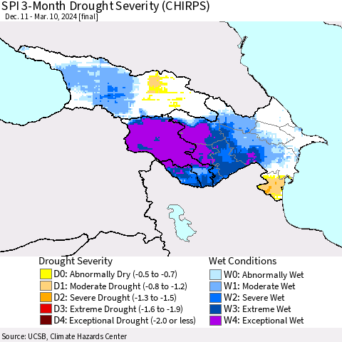 Azerbaijan, Armenia and Georgia SPI 3-Month Drought Severity (CHIRPS) Thematic Map For 12/11/2023 - 3/10/2024