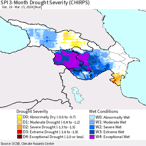 Azerbaijan, Armenia and Georgia SPI 3-Month Drought Severity (CHIRPS) Thematic Map For 12/16/2023 - 3/15/2024