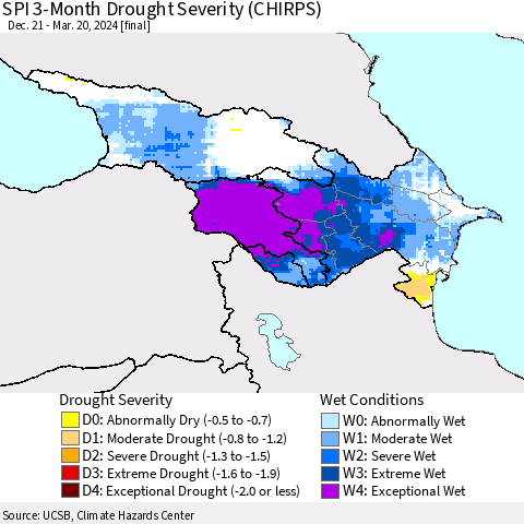 Azerbaijan, Armenia and Georgia SPI 3-Month Drought Severity (CHIRPS) Thematic Map For 12/21/2023 - 3/20/2024
