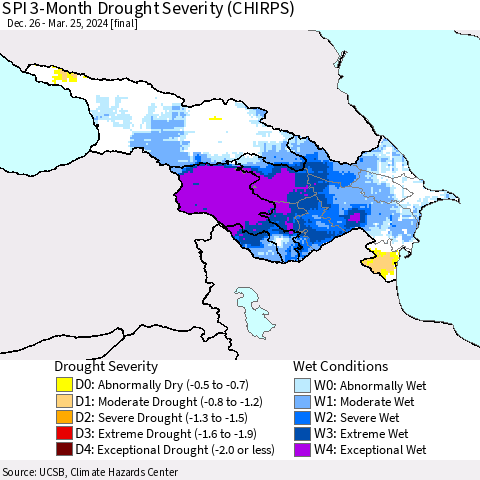 Azerbaijan, Armenia and Georgia SPI 3-Month Drought Severity (CHIRPS) Thematic Map For 12/26/2023 - 3/25/2024
