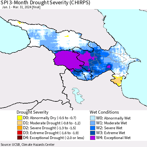 Azerbaijan, Armenia and Georgia SPI 3-Month Drought Severity (CHIRPS) Thematic Map For 1/1/2024 - 3/31/2024