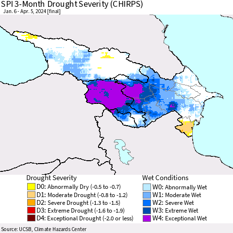 Azerbaijan, Armenia and Georgia SPI 3-Month Drought Severity (CHIRPS) Thematic Map For 1/6/2024 - 4/5/2024