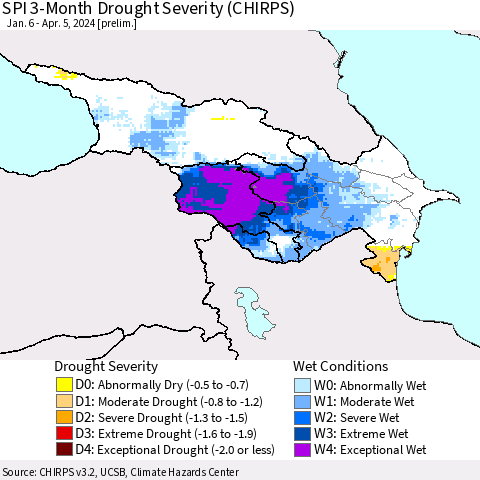 Azerbaijan, Armenia and Georgia SPI 3-Month Drought Severity (CHIRPS) Thematic Map For 1/6/2024 - 4/5/2024