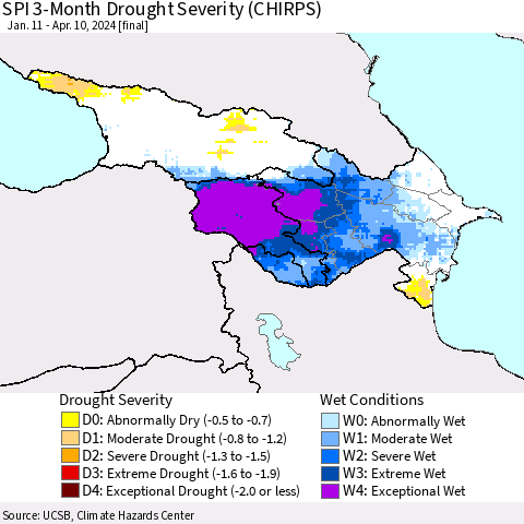 Azerbaijan, Armenia and Georgia SPI 3-Month Drought Severity (CHIRPS) Thematic Map For 1/11/2024 - 4/10/2024