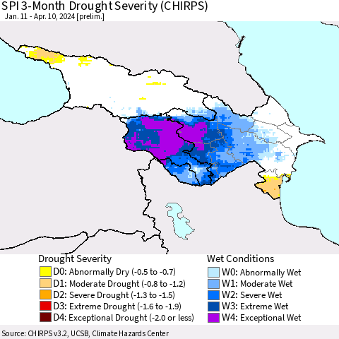 Azerbaijan, Armenia and Georgia SPI 3-Month Drought Severity (CHIRPS) Thematic Map For 1/11/2024 - 4/10/2024
