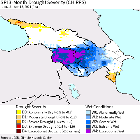 Azerbaijan, Armenia and Georgia SPI 3-Month Drought Severity (CHIRPS) Thematic Map For 1/16/2024 - 4/15/2024