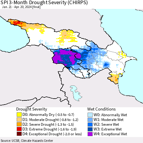 Azerbaijan, Armenia and Georgia SPI 3-Month Drought Severity (CHIRPS) Thematic Map For 1/21/2024 - 4/20/2024