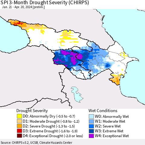 Azerbaijan, Armenia and Georgia SPI 3-Month Drought Severity (CHIRPS) Thematic Map For 1/21/2024 - 4/20/2024