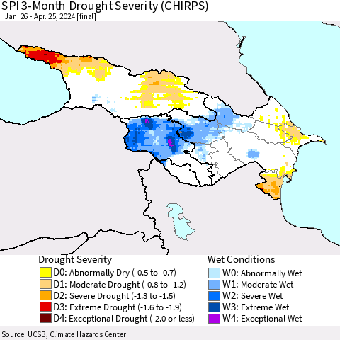 Azerbaijan, Armenia and Georgia SPI 3-Month Drought Severity (CHIRPS) Thematic Map For 1/26/2024 - 4/25/2024