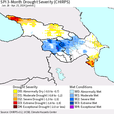 Azerbaijan, Armenia and Georgia SPI 3-Month Drought Severity (CHIRPS) Thematic Map For 1/26/2024 - 4/25/2024