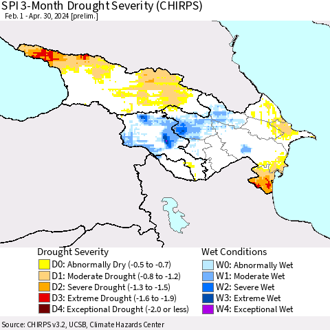 Azerbaijan, Armenia and Georgia SPI 3-Month Drought Severity (CHIRPS) Thematic Map For 2/1/2024 - 4/30/2024