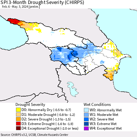 Azerbaijan, Armenia and Georgia SPI 3-Month Drought Severity (CHIRPS) Thematic Map For 2/6/2024 - 5/5/2024