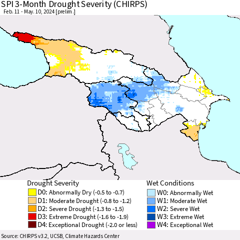 Azerbaijan, Armenia and Georgia SPI 3-Month Drought Severity (CHIRPS) Thematic Map For 2/11/2024 - 5/10/2024