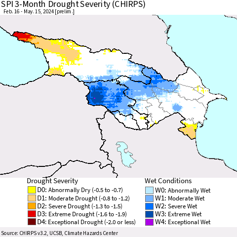Azerbaijan, Armenia and Georgia SPI 3-Month Drought Severity (CHIRPS) Thematic Map For 2/16/2024 - 5/15/2024