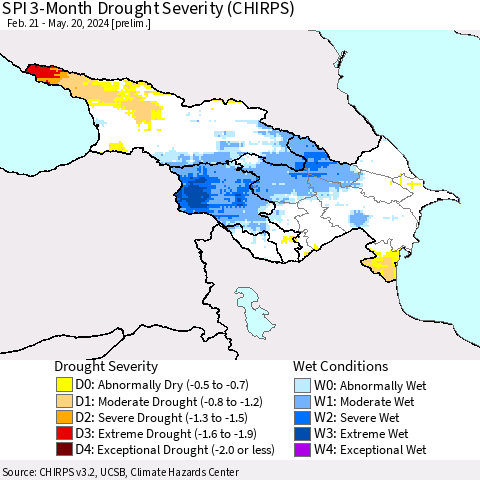 Azerbaijan, Armenia and Georgia SPI 3-Month Drought Severity (CHIRPS) Thematic Map For 2/21/2024 - 5/20/2024