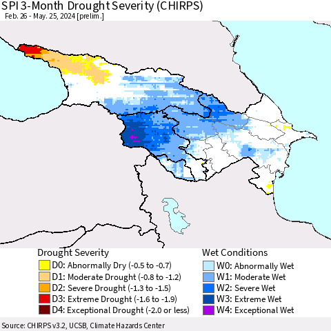 Azerbaijan, Armenia and Georgia SPI 3-Month Drought Severity (CHIRPS) Thematic Map For 2/26/2024 - 5/25/2024