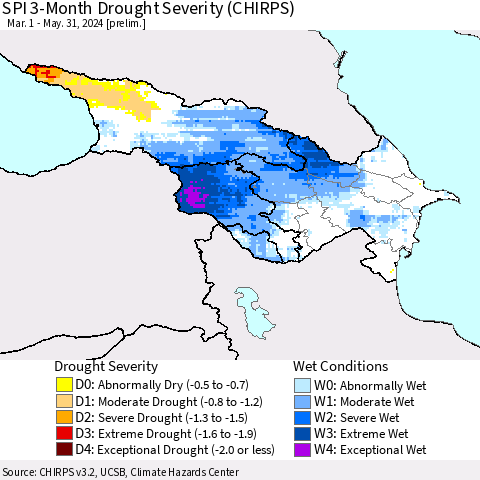 Azerbaijan, Armenia and Georgia SPI 3-Month Drought Severity (CHIRPS) Thematic Map For 3/1/2024 - 5/31/2024