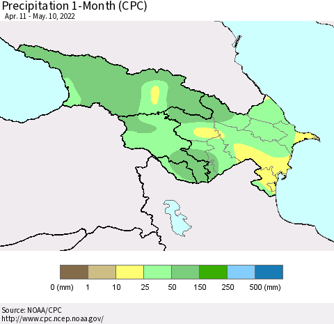 Azerbaijan, Armenia and Georgia Precipitation 1-Month (CPC) Thematic Map For 4/11/2022 - 5/10/2022