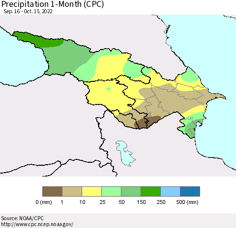Azerbaijan, Armenia and Georgia Precipitation 1-Month (CPC) Thematic Map For 9/16/2022 - 10/15/2022