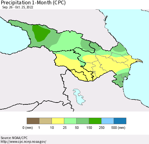 Azerbaijan, Armenia and Georgia Precipitation 1-Month (CPC) Thematic Map For 9/26/2022 - 10/25/2022