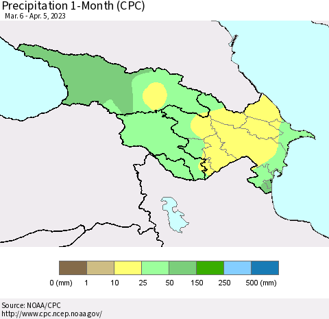 Azerbaijan, Armenia and Georgia Precipitation 1-Month (CPC) Thematic Map For 3/6/2023 - 4/5/2023
