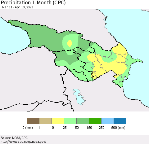 Azerbaijan, Armenia and Georgia Precipitation 1-Month (CPC) Thematic Map For 3/11/2023 - 4/10/2023