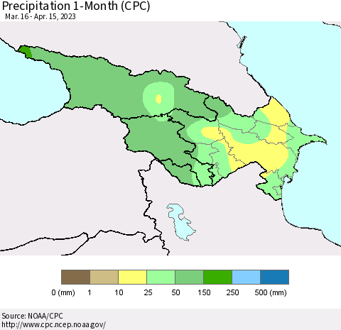 Azerbaijan, Armenia and Georgia Precipitation 1-Month (CPC) Thematic Map For 3/16/2023 - 4/15/2023