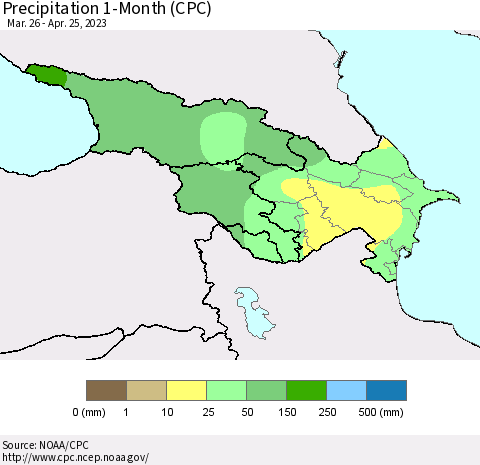 Azerbaijan, Armenia and Georgia Precipitation 1-Month (CPC) Thematic Map For 3/26/2023 - 4/25/2023