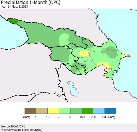 Azerbaijan, Armenia and Georgia Precipitation 1-Month (CPC) Thematic Map For 4/6/2023 - 5/5/2023