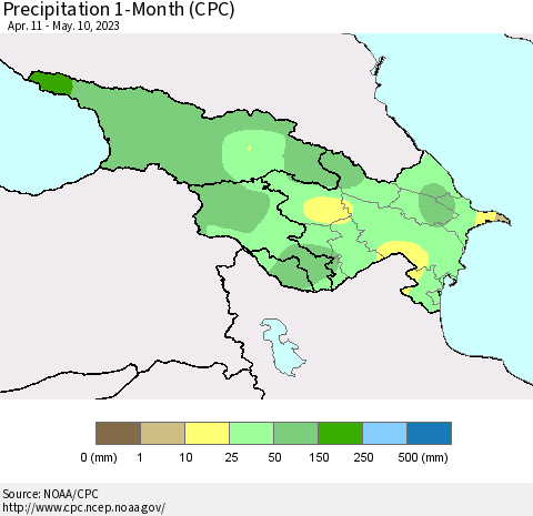 Azerbaijan, Armenia and Georgia Precipitation 1-Month (CPC) Thematic Map For 4/11/2023 - 5/10/2023