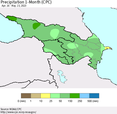 Azerbaijan, Armenia and Georgia Precipitation 1-Month (CPC) Thematic Map For 4/16/2023 - 5/15/2023