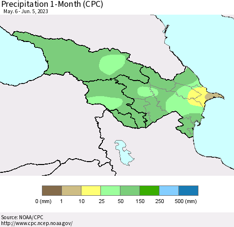 Azerbaijan, Armenia and Georgia Precipitation 1-Month (CPC) Thematic Map For 5/6/2023 - 6/5/2023