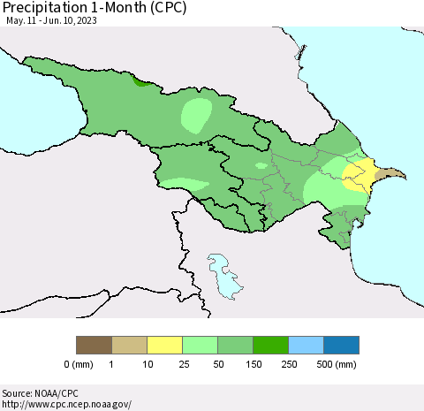 Azerbaijan, Armenia and Georgia Precipitation 1-Month (CPC) Thematic Map For 5/11/2023 - 6/10/2023