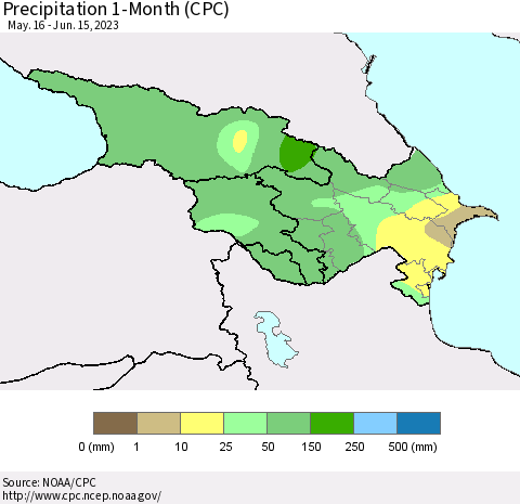 Azerbaijan, Armenia and Georgia Precipitation 1-Month (CPC) Thematic Map For 5/16/2023 - 6/15/2023