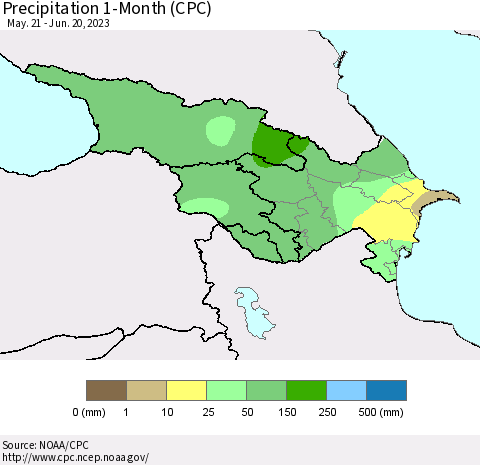Azerbaijan, Armenia and Georgia Precipitation 1-Month (CPC) Thematic Map For 5/21/2023 - 6/20/2023