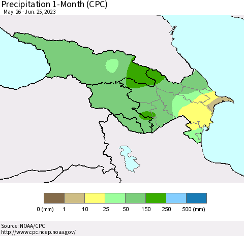 Azerbaijan, Armenia and Georgia Precipitation 1-Month (CPC) Thematic Map For 5/26/2023 - 6/25/2023