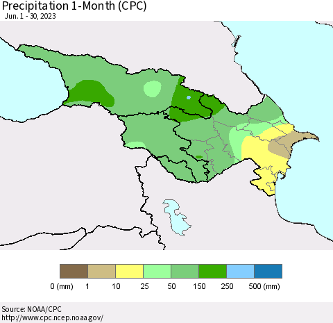Azerbaijan, Armenia and Georgia Precipitation 1-Month (CPC) Thematic Map For 6/1/2023 - 6/30/2023