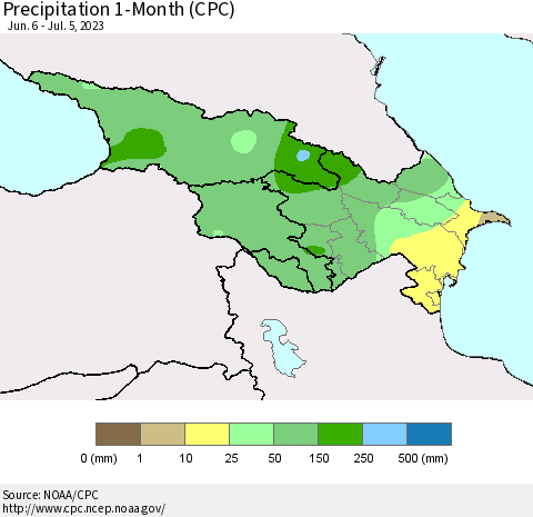 Azerbaijan, Armenia and Georgia Precipitation 1-Month (CPC) Thematic Map For 6/6/2023 - 7/5/2023