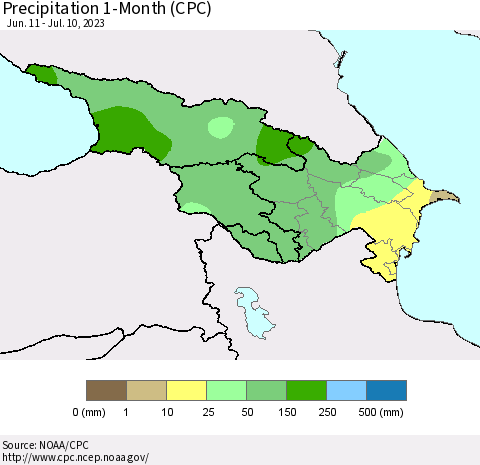 Azerbaijan, Armenia and Georgia Precipitation 1-Month (CPC) Thematic Map For 6/11/2023 - 7/10/2023