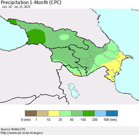 Azerbaijan, Armenia and Georgia Precipitation 1-Month (CPC) Thematic Map For 6/16/2023 - 7/15/2023