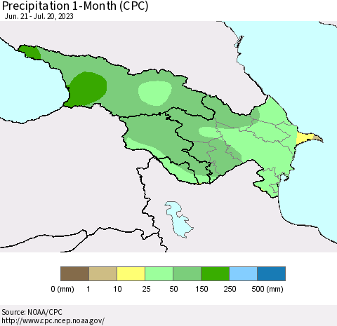 Azerbaijan, Armenia and Georgia Precipitation 1-Month (CPC) Thematic Map For 6/21/2023 - 7/20/2023