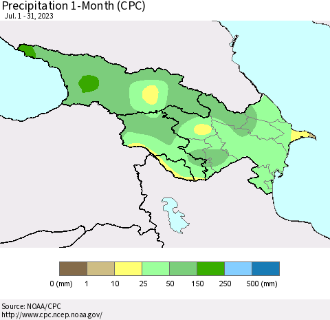 Azerbaijan, Armenia and Georgia Precipitation 1-Month (CPC) Thematic Map For 7/1/2023 - 7/31/2023