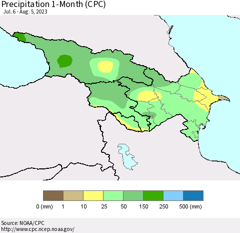 Azerbaijan, Armenia and Georgia Precipitation 1-Month (CPC) Thematic Map For 7/6/2023 - 8/5/2023