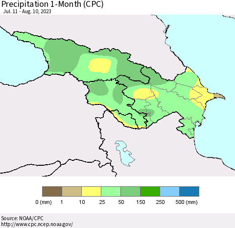 Azerbaijan, Armenia and Georgia Precipitation 1-Month (CPC) Thematic Map For 7/11/2023 - 8/10/2023