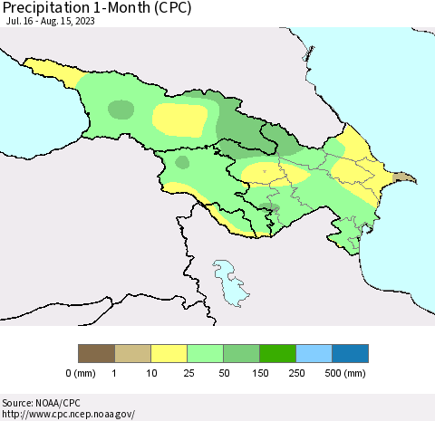 Azerbaijan, Armenia and Georgia Precipitation 1-Month (CPC) Thematic Map For 7/16/2023 - 8/15/2023