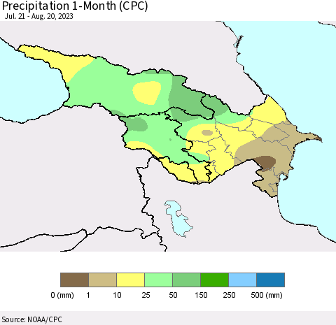Azerbaijan, Armenia and Georgia Precipitation 1-Month (CPC) Thematic Map For 7/21/2023 - 8/20/2023
